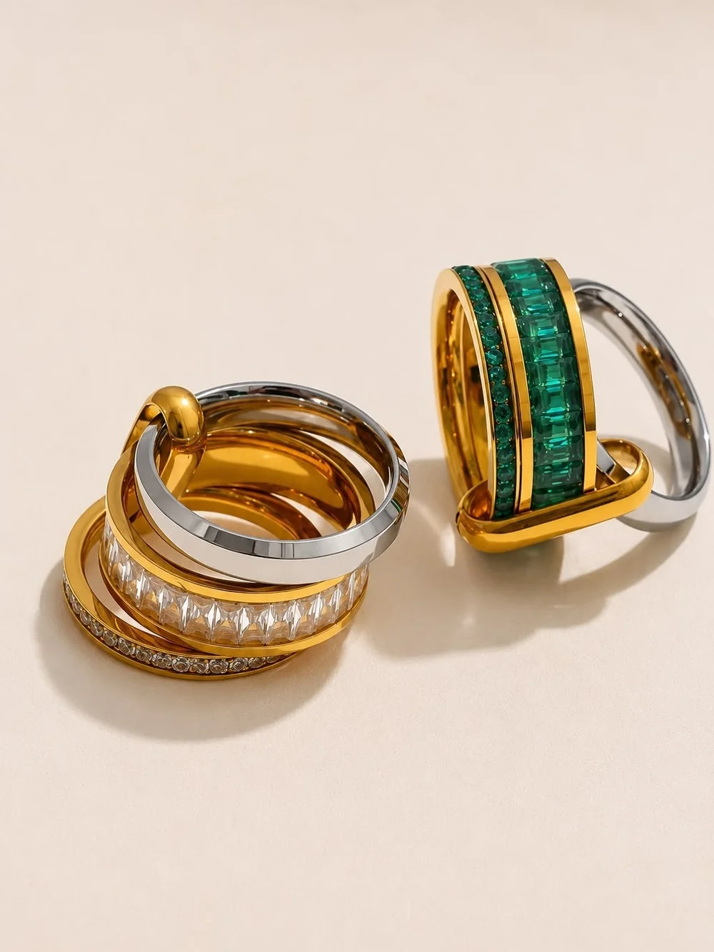 Gold and Silver Multi-Band Crystal Ring